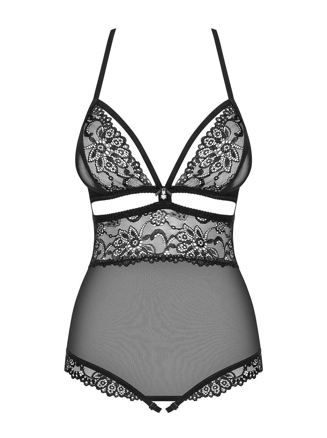 Body nero in pizzo e tulle con gioiello in strass 838-ted-1