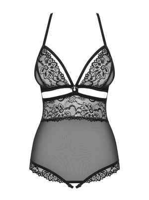 Body nero in pizzo e tulle con gioiello in strass 838-ted-1