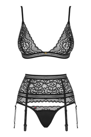 Completo intimo in pizzo nero ricamato 3 pz Ailay