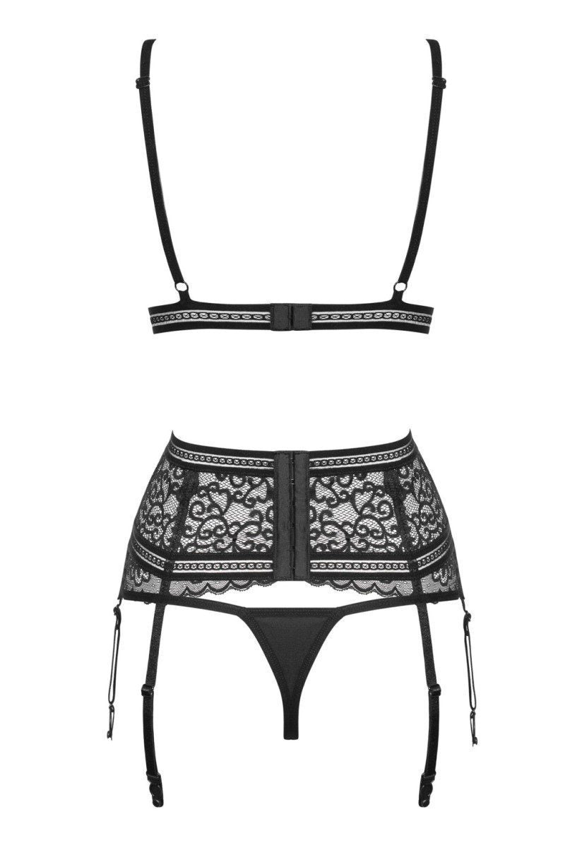 Completo intimo in pizzo nero ricamato 3 pz Ailay