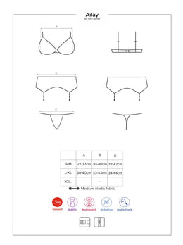 Completo intimo in pizzo nero ricamato 3 pz Ailay