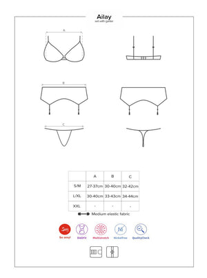 Completo intimo in pizzo nero ricamato 3 pz Ailay