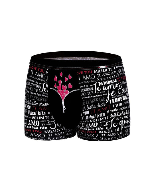Boxer da uomo con cuoricini e scritta Ti amo in diverse lingue