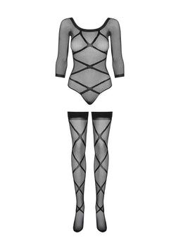 Bodystocking a rete set body a maniche lunghe e calze G320