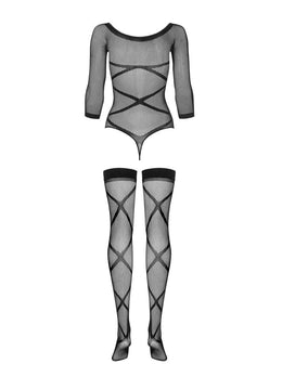 Bodystocking a rete set body a maniche lunghe e calze G320