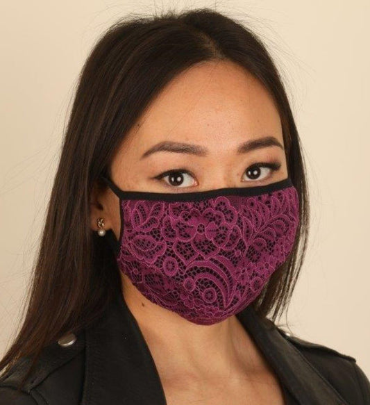 Mascherina fashion lavabile in tessuto nero e pizzo viola doppio strato