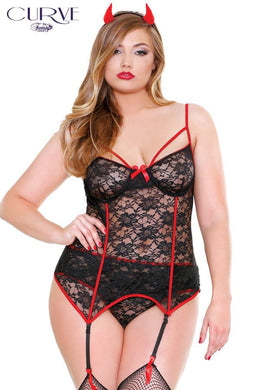 Corsetto in pizzo travestimento diavoletta curvy con corna