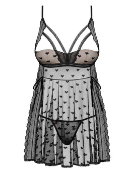 Babydoll nero aperto tulle con cuoricini Heartia