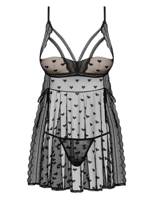 Babydoll nero aperto tulle con cuoricini Heartia