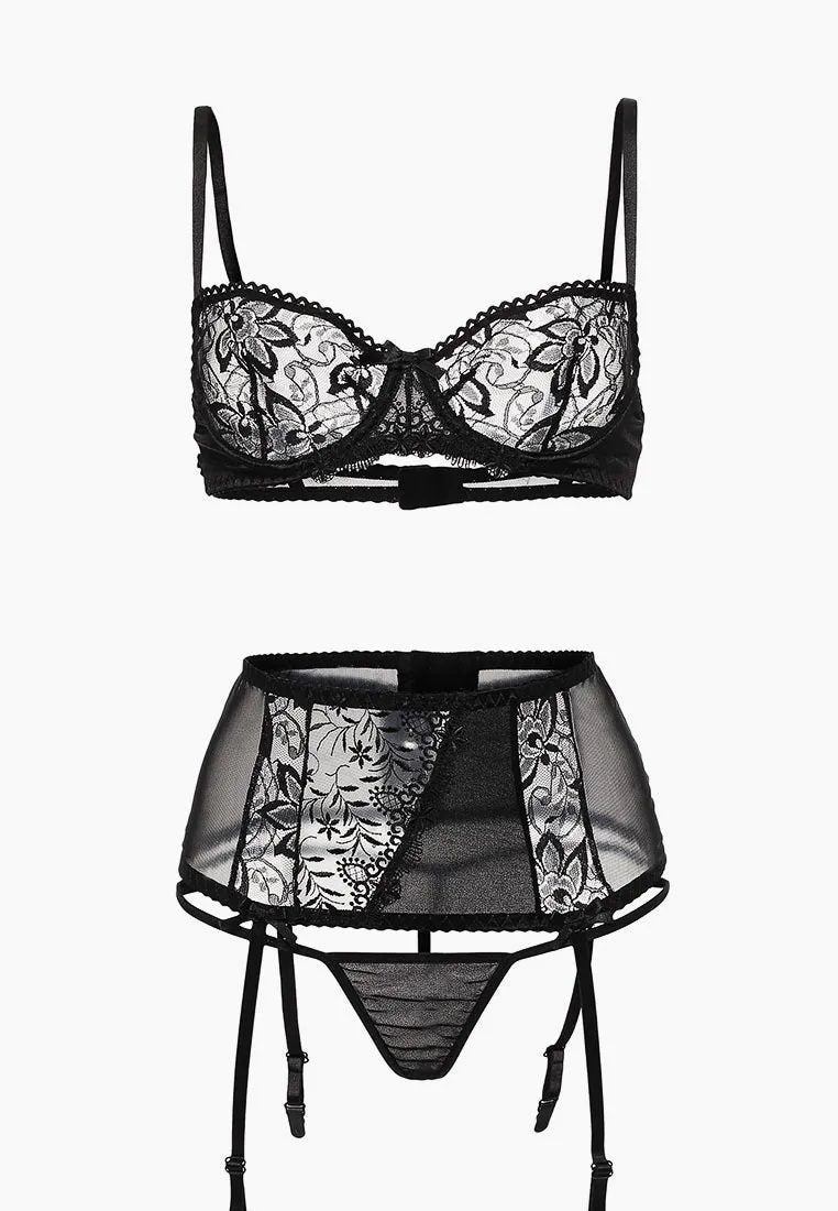 Completo intimo 3 pz in pizzo ricamato nero