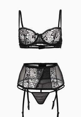 Completo intimo 3 pz in pizzo ricamato nero
