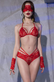 Completo intimo rosso 4 pezzi in pizzo con stringhe