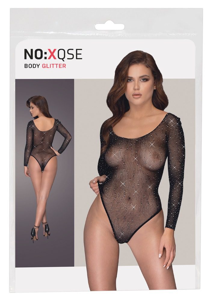 Body glitter a rete manica lunga con strass