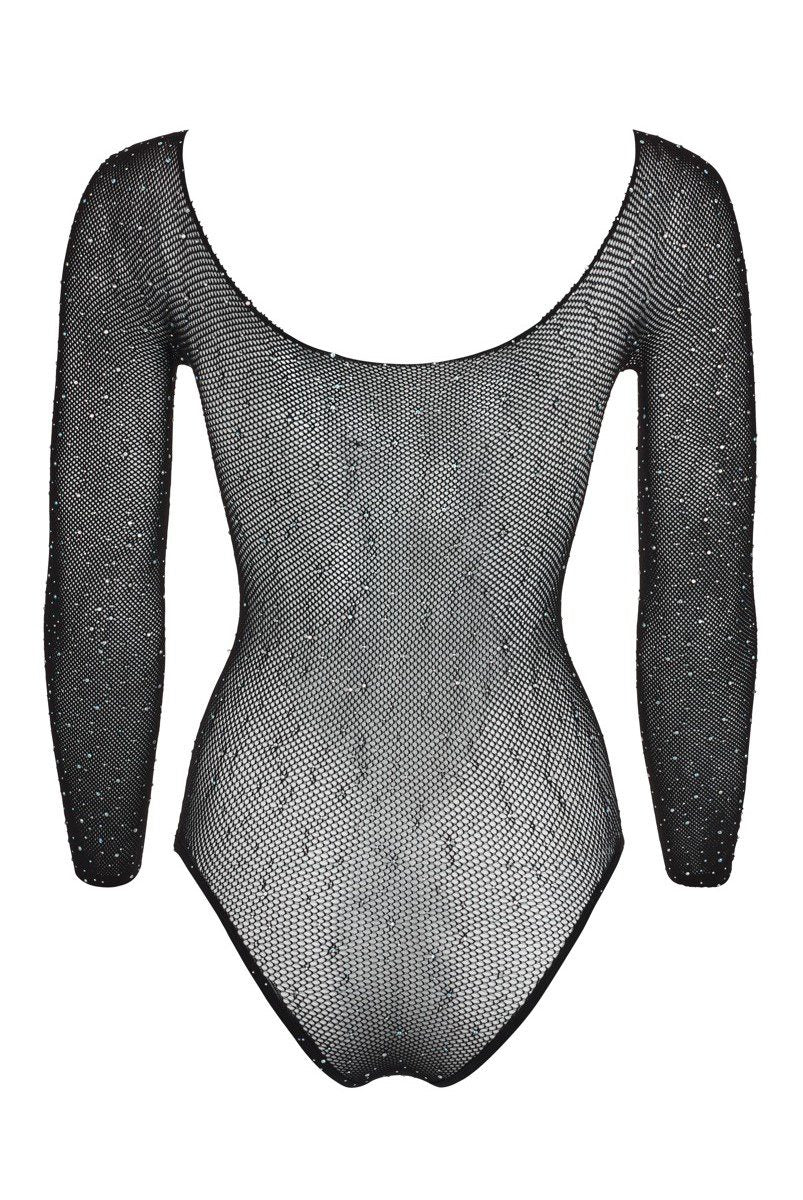 Body glitter a rete manica lunga con strass