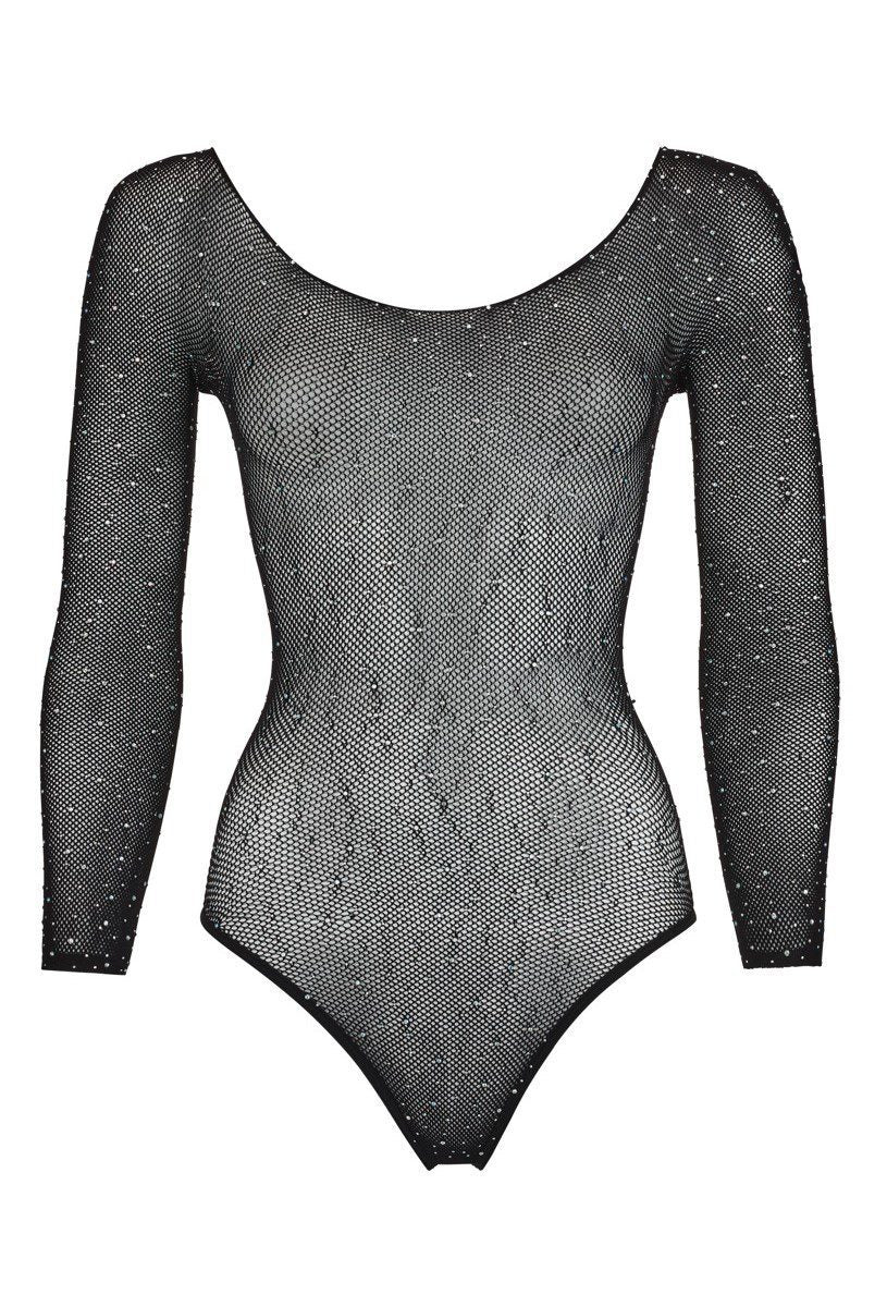 Body glitter a rete manica lunga con strass