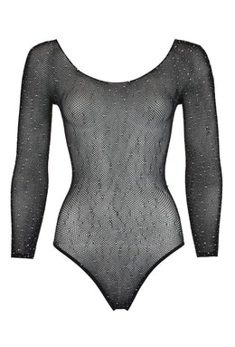 Body glitter a rete manica lunga con strass