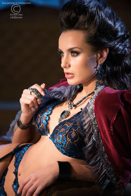 Completo intimo 3 pezzi in pizzo blu con strass