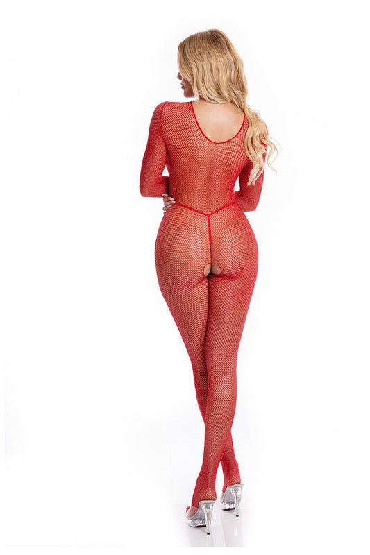 Bodystocking aperta sotto in rete rossa con lurex