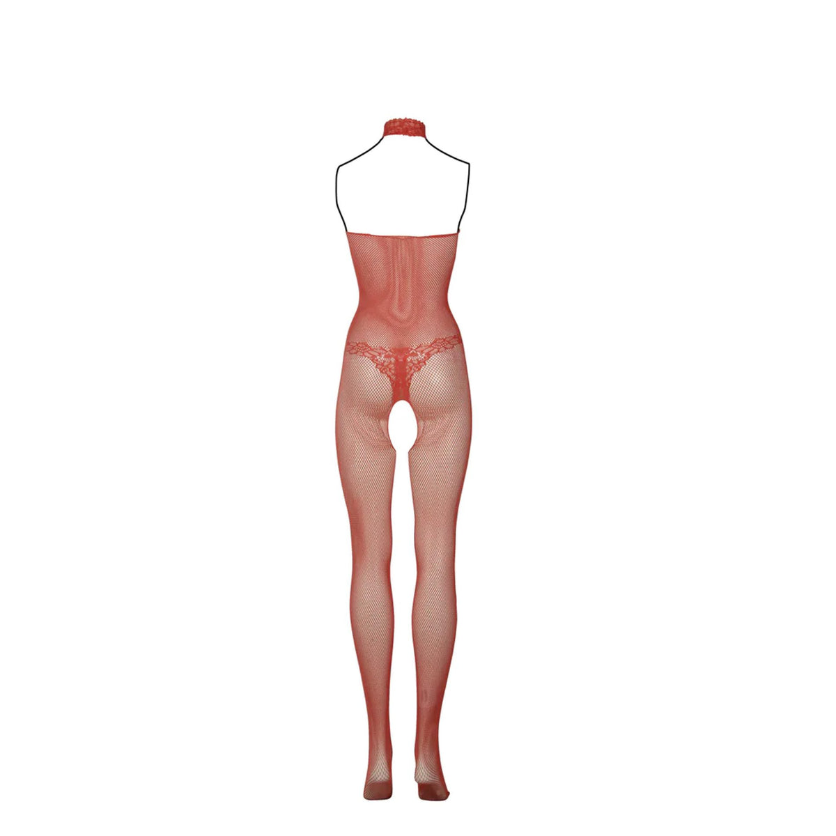 Bodystocking a rete rosa con colletto in pizzo