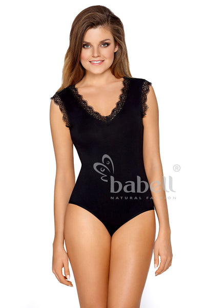 Body nero scollo a V viscosa e pizzo